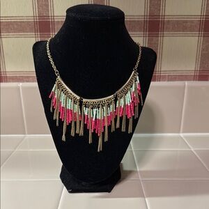 Pink and Green Statement Necklace with Metal Fringe